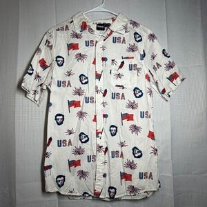 Mad Engine Button Down Shirt Medium‎ White USA Abraham Lincoln Print